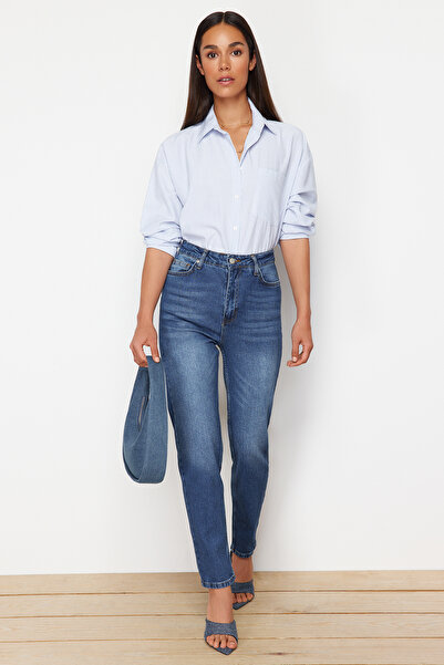 Trendyol Collection Dark Blue High Waist Straight Jeans TWOSS24JE00326