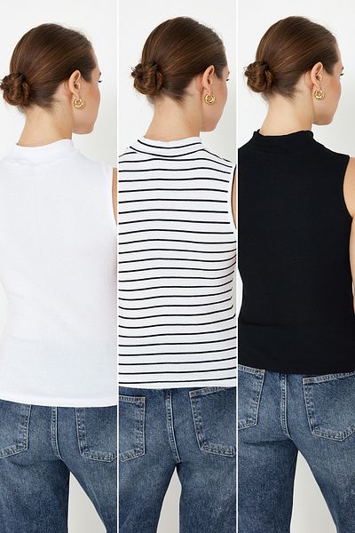 Trendyol Collection Taillierte/taillierte Stretch-Strickbluse im 3er-Pack in Schwarz-Weiß-Mehrfarbig TWOSS24BZ00560