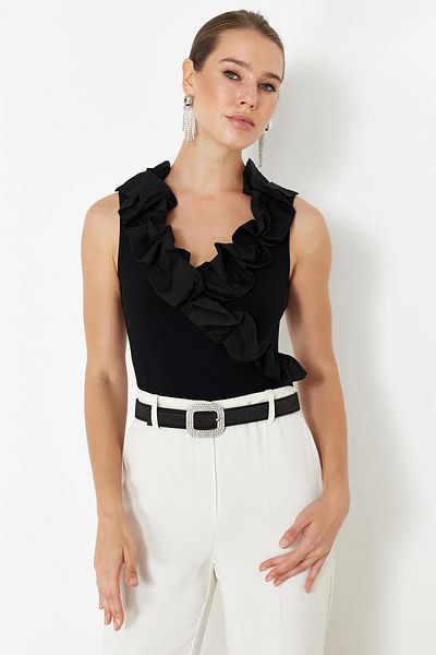 Trendyol Collection Popelin Negru tricotat Body - Guler Detaliat TPRSS24BD00019