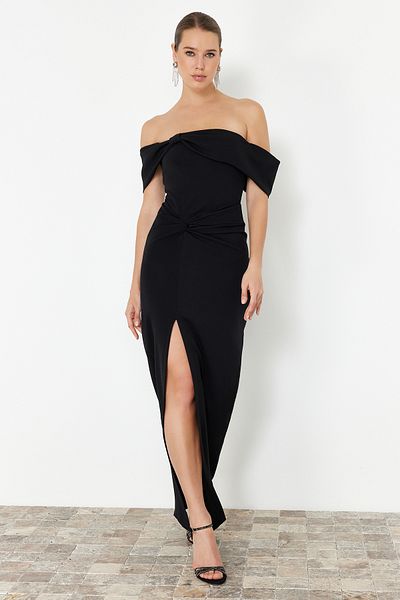 Trendyol Collection Czarna tkana długa stylowa wieczorowa sukienka Tprss24Ae00131