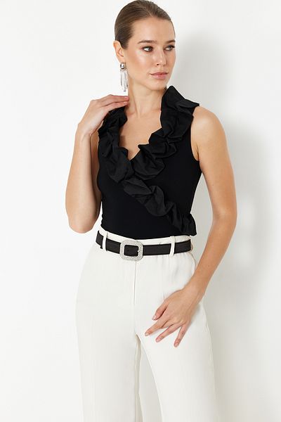 Trendyol Collection Popelin Negru tricotat Body - Guler Detaliat TPRSS24BD00019