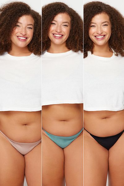 Trendyol Curve 3-teiliges String-Höschen-Set aus Baumwolle in Schwarz-Nerz-Öl, große Größe - Tbbaw23Cm00002