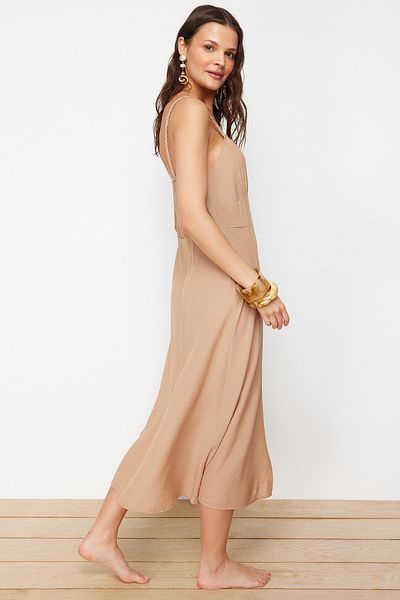 Trendyol Collection Béžové midi tkané plážové šaty TBESS24EL00153