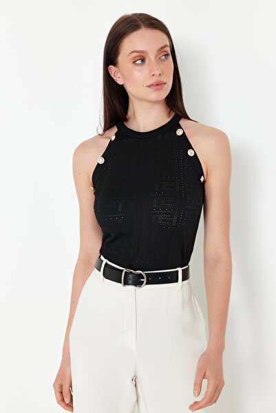 Trendyol Collection Black Halter Neck Top Knitwear Slim Blouse Twoss24Bz00618