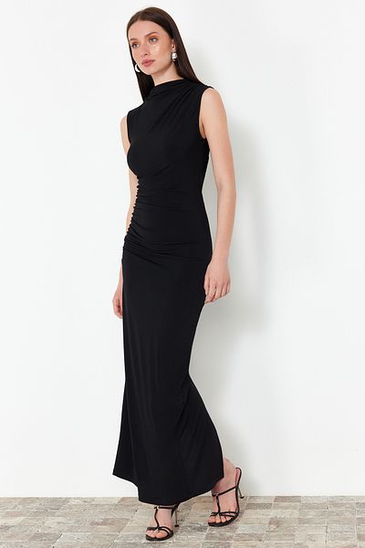 Trendyol Collection Μαύρο ντραπέ Εφαρμοσμένο/Εφαρμοσμένο όρθιο γιακά Αμάνικο ελαστικό πλεκτό μάξι μολύβι φόρεμα TWOSS24EL00830