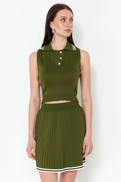 Trendyol Collection Green Polo Collar Pleated Knitwear Top and Bottom Set TWOSS24AU00009