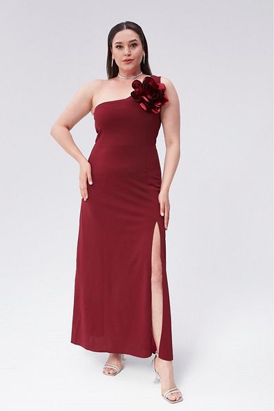 Seamoda One-Shoulder Deep Slit Flower Detailed Evening Dress-Burgundy