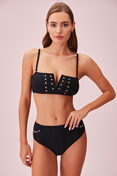 SUWEN V Yaka Boncuk Detaylı Bandeu Bikini Üst