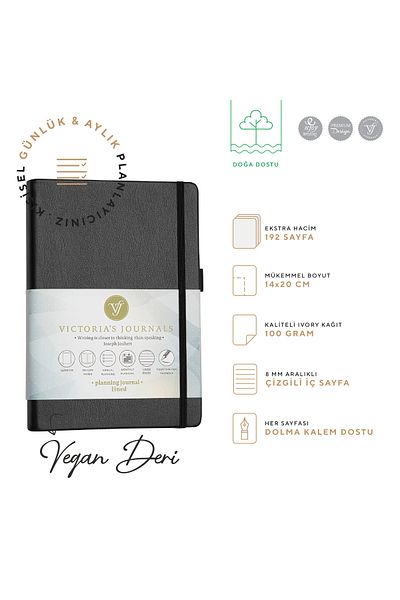 Victoria's Journals Venzi Hard Covered Elastic Undated Lined Notebook 14x20 Cm Thick Leaf Black