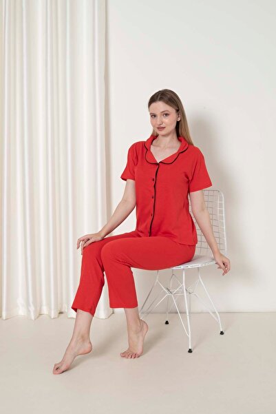 MİRELLA Women's Red Front Buttoned Short Sleeve Bottom Long Combed Cotton Fabric Summer Pajama Set