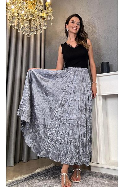 Atelier Derin Gray Wrinkled Satin Skirt with Elastic Waist