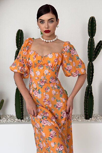 lovebox Жіноча сукня-футляр з квітковим принтом, ґудзиками та розрізом, рукавами-крильцями, помаранчева, довжина до коліна, 255
