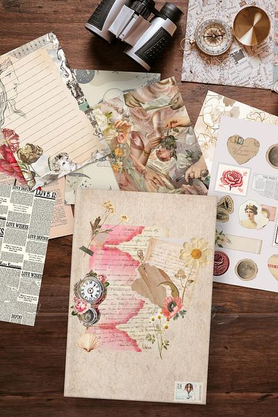 Postifull Set Caiete Jurnal Vintage, Caiet Vintage Roz, 27 Hârtie Vintage, 30 Bucăți Autocolante Vintage
