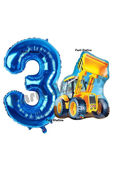Parti Station Construction Concept Balloon Set for 3 Year Old Birthday - Truck Scoop and Dark Blue Figure