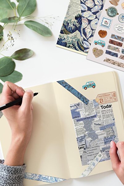 Postifull Vintage Journal Defter Seti, Vintage Notebook Seti Mavi, 27 Vintage Kağıt, 30 Adet Vintage Sticker