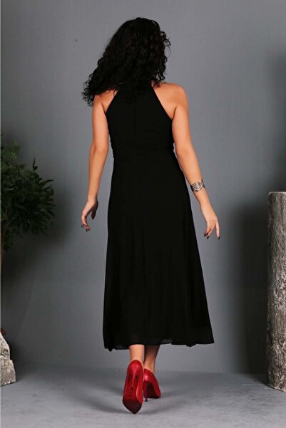 TİESSİ Kadın Siyah Boyundan Bağlı Nakışlı Abiye Elbise