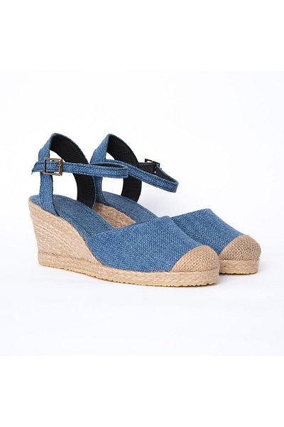 Star Tombis Espadrile din paie de in, cu toc deschis, cu bandă pentru gleznă, albastru
