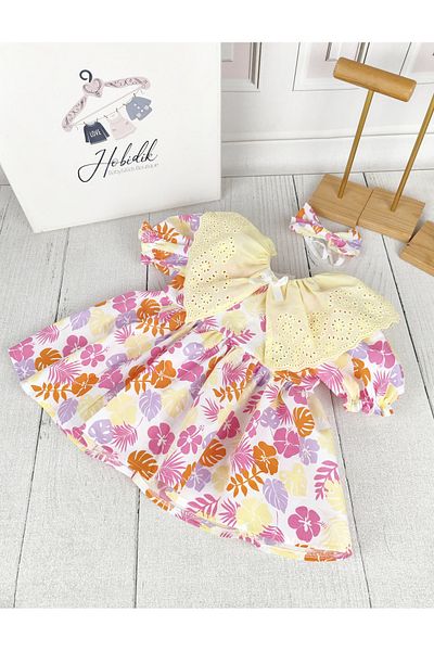 Hobidik Baby Girl Child Yellow Scalloped Cotton Poplin Fabric Floral Dress