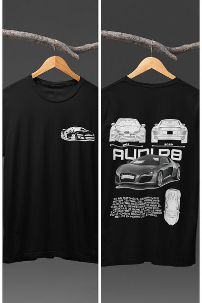 Fuddy Moda Tricou unisex cu imprimeu Audi R8 la spate, tricou imprimat cu tematică mașini de curse