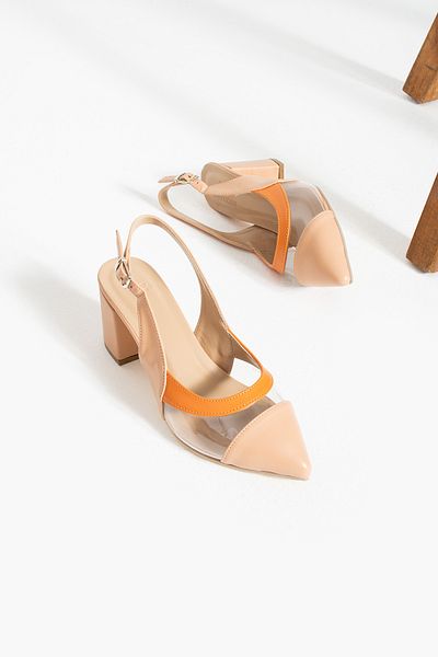 İnan Ayakkabı WOMEN BEIGE/ORANGE TRANSPARENT SKIN DETAILED HEEL SHOES (6 CM)