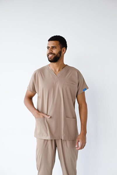 Dr. Mitra بدلة طبيب ممرضة بأكمام خفاش من الليكرا للرجال باللون البيج
