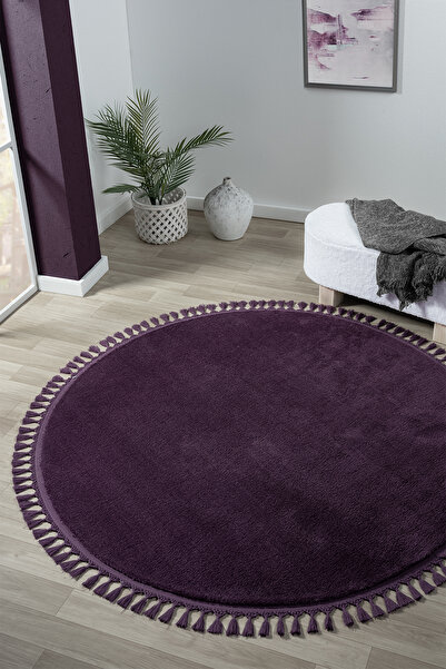 LİNOS HOME Puffy Lila Yuvarlak Saçaklı Peluş Halı Yumuşacık Yıkanabilir Kayma...