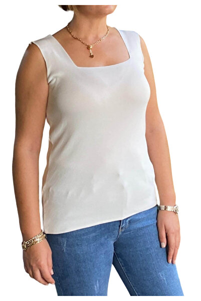 D LAVELLA Kadın Beyaz STD Beden Kare Yaka Büyük Beden Ful Likralı Atlet