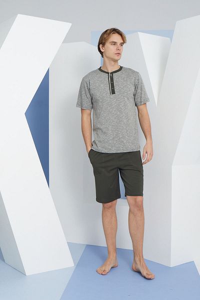 KLY Men's Battal Midi Collar Shortcut Plus Size Shorts Pajama Set