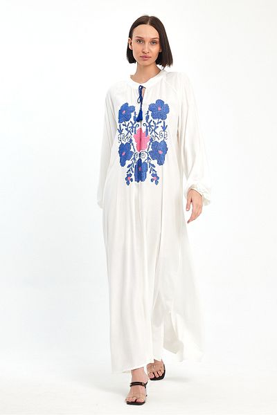 Denismoda Women's Collar Lace-up Flower Embroidery Detailed Balloon Sleeve Long Dress