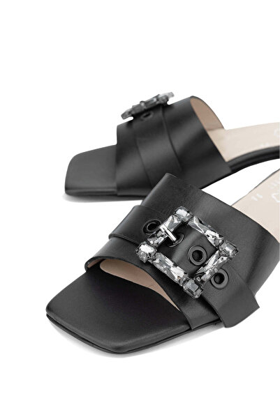 Tamer Tanca Women's Genuine Leather Black Leather Flat Slippers