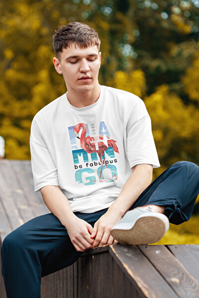 MYADA Be Fabulous Flamingo Written Sea Printed Oversize T-shirt