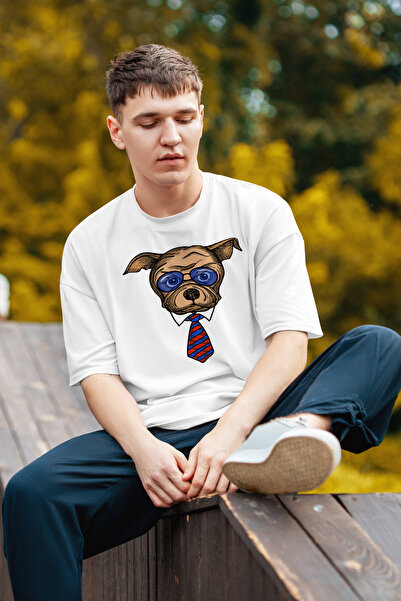 MYADA تي شيرت كبير الحجم مطبوع عليه كلب مع نظارات وربطة عنق