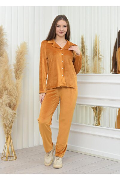 Nuseel Set de pijamale cu nasturi din catifea moale de sezon nou, culoare camel