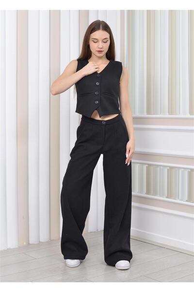 Nuseel Women's Stamped Trousers & Vest Winter Double Set Black