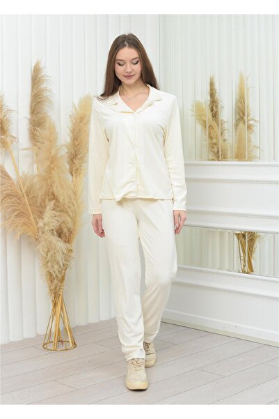 Nuseel Set de pijamale cu nasturi din catifea moale de sezon nou, culoare alb catifelat