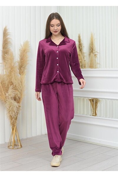 Nuseel Yeni Sezon Soft Kadife Düğmeli Pijama Takımı Mor Rengi