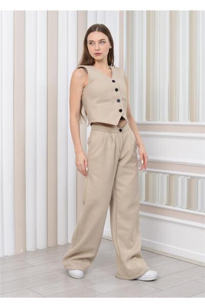 Nuseel Γυναικείο Παντελόνι & Γιλέκο Stamp Χειμερινό Σετ Δύο Τεμαχίων Μπεζ