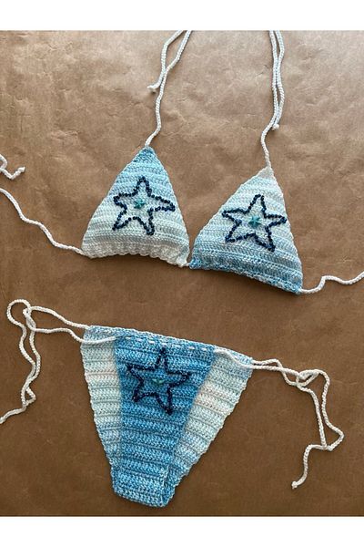 scyllastore Oceania Special Design White Blue Bikini Set with Shiny Stones and Stars Figures