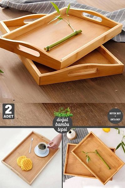 Rosemor 2-Piece Bamboo Tea Tray with Handle Rectangular Large + Medium Size Brown