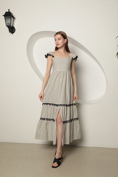 Moda Tuğram Rochie midi cu dungi negre cu bretele de in