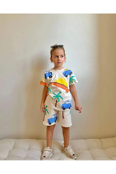 Jolly Kids طقم شورت للأولاد بطبعة سيارة بيضاء