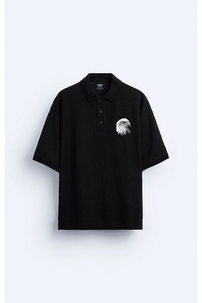Darkia Tricou negru pentru bărbați cu guler polo cu imprimeu supradimensionat