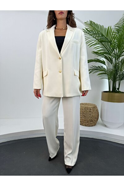 Elif Özbey Butik Ecru Gold Buttoned Jacket Trousers Set