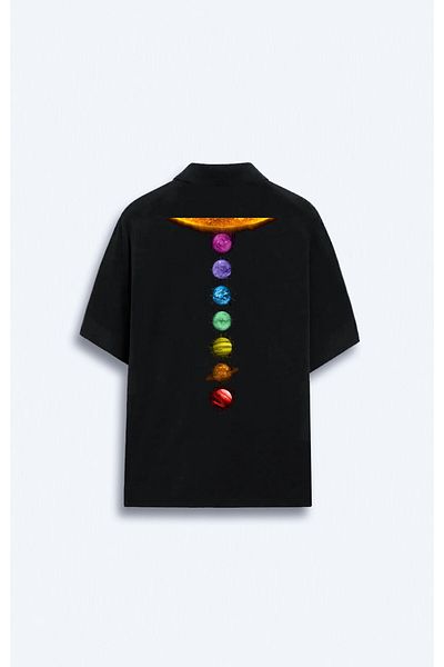 Darkia Tricou negru cu gât polo oversize pentru bărbați - Imprimat cu planete colorate