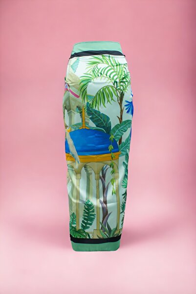 pistore New Season Nile Green Satin Beach Dress - Bird Print, Long Pareo