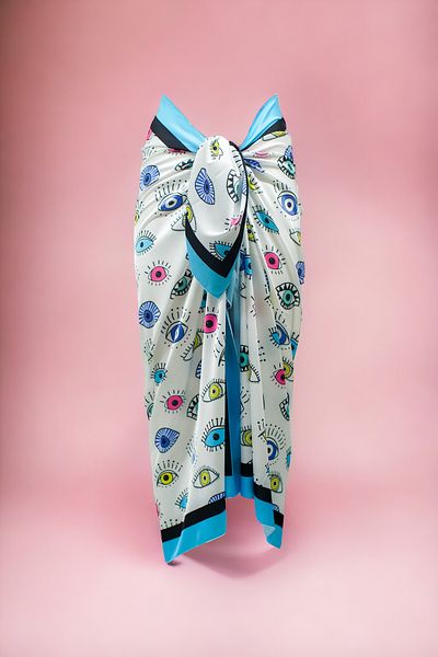 pistore New Season - Blue Yellow Red Patterned SatinPareoBeach Dress