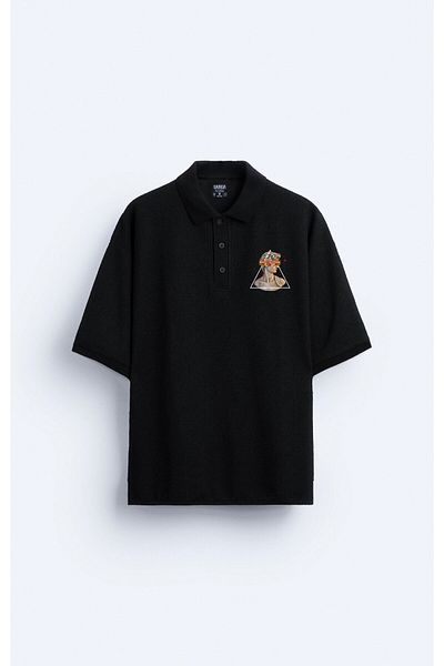 Darkia Tricou negru pentru bărbați, cu guler polo, cu imprimeu artistic