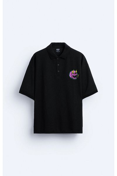 Darkia Tricou negru pentru bărbați cu guler polo cu imprimeu Skully Skull