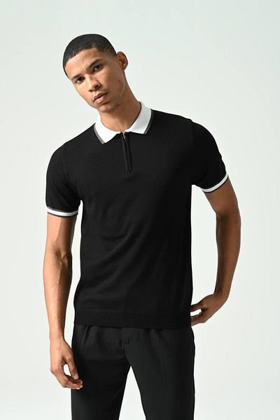 İLKCET MODA Πλεκτό T-Shirt Slim Fit - Λεπτομέρεια γιακά με φερμουάρ