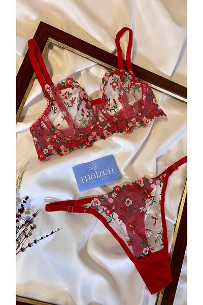 MAİZEN Women's Underwire Gathering Embroidery Floral Lace Bra Set